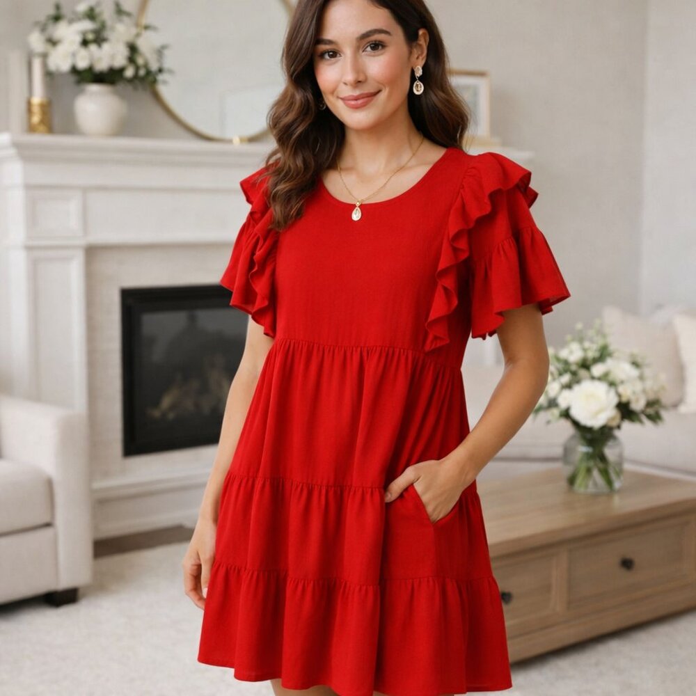 NWT Who What Wear Red Dress Sz S  Ruffle Sleeves Babydoll Pockets Party Feminine